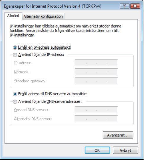 Windows 7: Steg 7 Beroende på vald tjänst kan det här se olika ut. I de allra flesta fall skall både Erhåll en IP-adress automatiskt och Erhåll adress till DNSservern automatiskt vara markerade.
