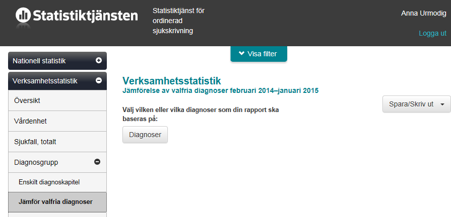 Figur 4 - Välj diagnoser att visa i rapporten "Jämför valfria diagnoser" I rutan som dyker upp väljs de diagnoser som ska visas i rapporten, se Figur 5. Diagnoserna visas grupperade enligt ICD-10.