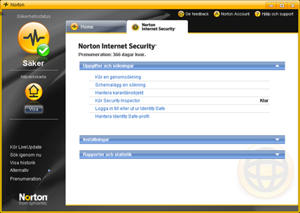 Komma igång Utforska huvudfönstret 9 Så här utforskar du huvudfönstret Se Starta Norton Internet Security på sidan 7. 1 Starta Norton Internet Security.
