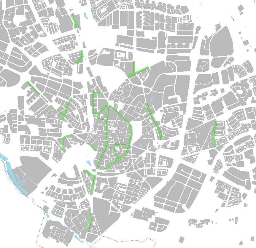 Figur 5. Vägar i Lund där fastighetsägare hittills erbjudits bidrag för bullerskyddsåtgärder. Arbetet med bidragserbjudande vänder sig till fastigheter utmed gator i befintlig miljö.