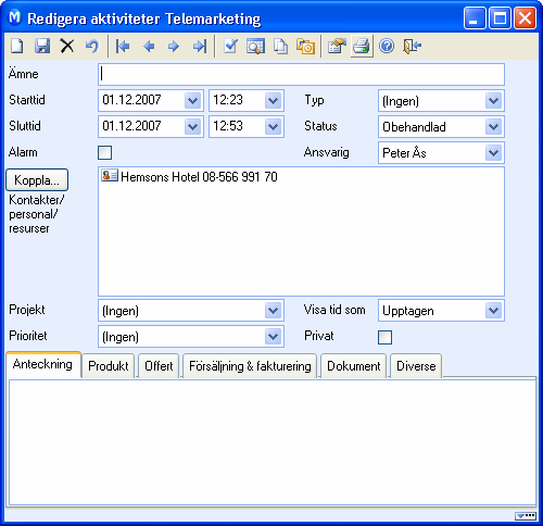 MAMUT ENTERPRISE CALL CENTER Därefter öppnas ett aktivitetskort med kontaktens namn ( Hemsons Hotel i exemplet nedan) och telefonnummer.