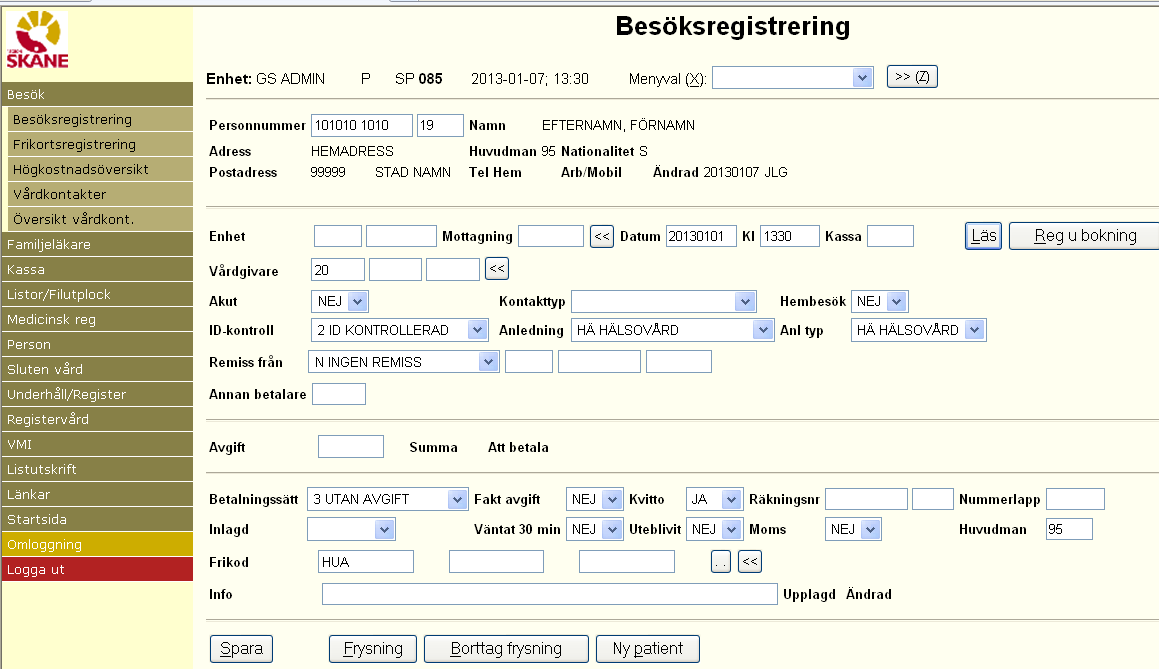 5.5 Registrering av besök Tänk på: - Besöket registreras med Huvudman 95 oavsett vilken huvudman personen har i personuppgiftsbilden.