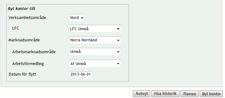 5. Marknadsområde: Ange det marknadsområde som den arbetsförmedling verkar inom som du ska flytta deltagaren till. I exemplet i bilden nedan har Norra Norrland valts. 6.