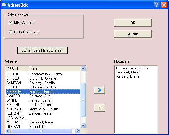 8 7 5 6 I adressboken kan du antingen välja att hämta adress via Globala Adresser (alla användare som har