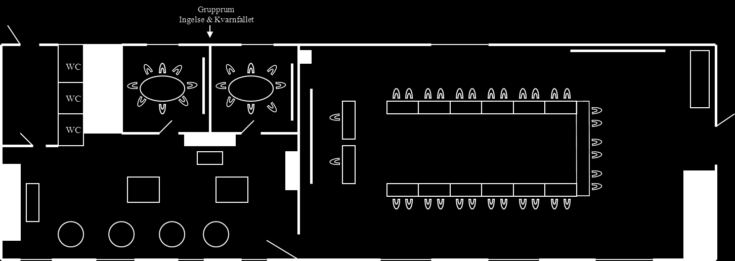 KLIPPAN 100 kvm- 14 kvm x 7 kvm 70 p biosittning, 50 p skolsittning, 30 p u-bord, 6 öar á 5 p hela hotellet.