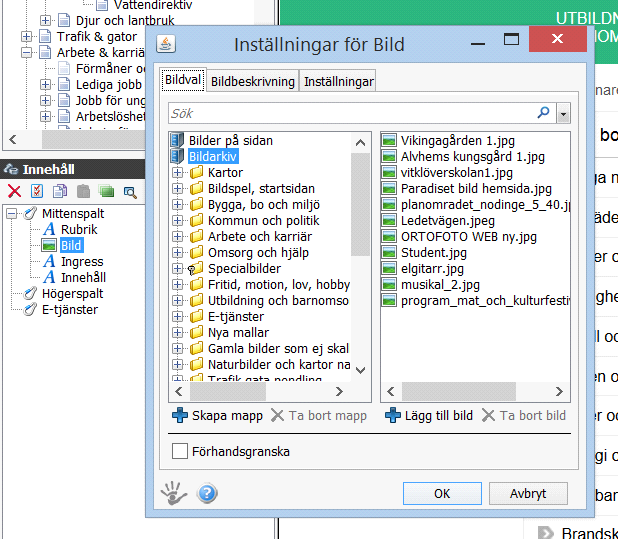 Manual Introduktionskurs SiteVision sidan 7 Lägga till en bild 1) Markera "Rubrik" (under Innehåll) i strukturen till vänster och klicka på "Bild" i verktygsfältet längst upp på sidan.