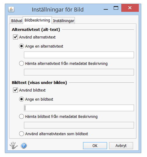 Manual Introduktionskurs SiteVision sidan 8 ny bild (från din egen dator). Markera den bild du vill lägga till och klicka sedan på fliken "Bildbeskrivning".