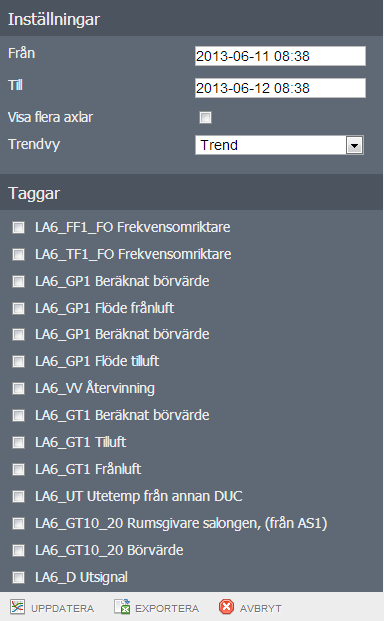 Trend Om trendfunktionen har aktiverats kan trender och rapporter nås genom att klicka på det objekt som är intressant och sedan välja TREND i knappraden längst ner.