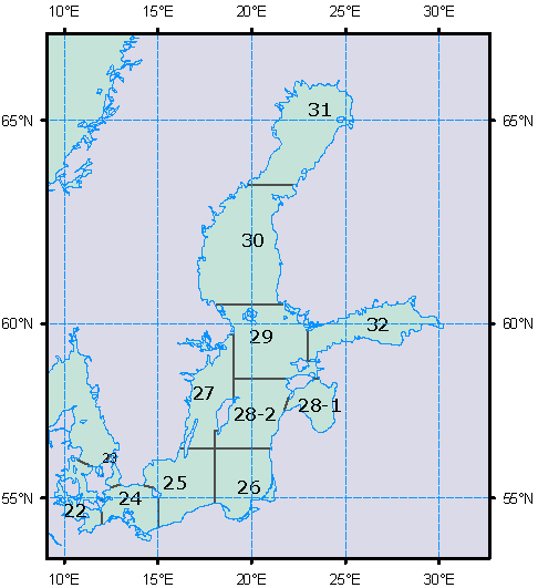 Karta över områden i Östersjön IIIa N Skagerrak 24 Arkonahavet 26-1 Rigabukten 30 Bottenhavet IIIa S Kattegatt 25 Bornholmshavet 28-2 Östra Gotlandshavet 31 Bottenviken 22 bälthavet 26 Gdanskbukten