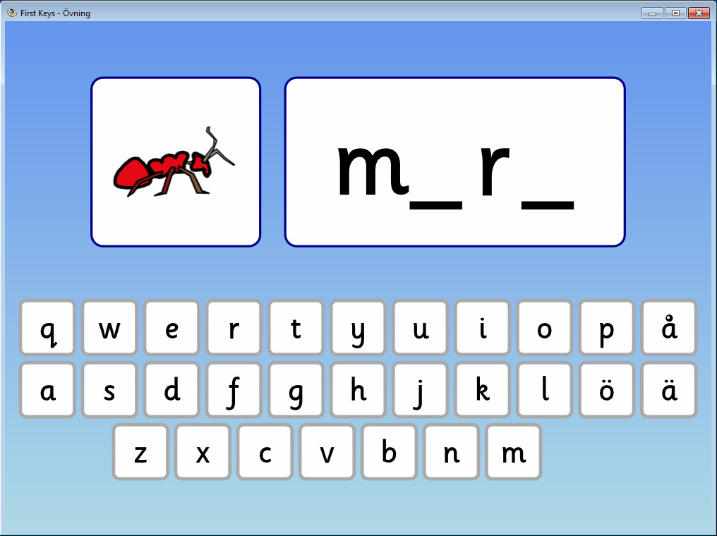 Symbolen som visas till vänster om ordet kommer att hjälpa till både som minnesstöd och som förklaring av ordet som ska skrivas. Skriv in de saknade bokstäverna, och gå igenom hela övningen.
