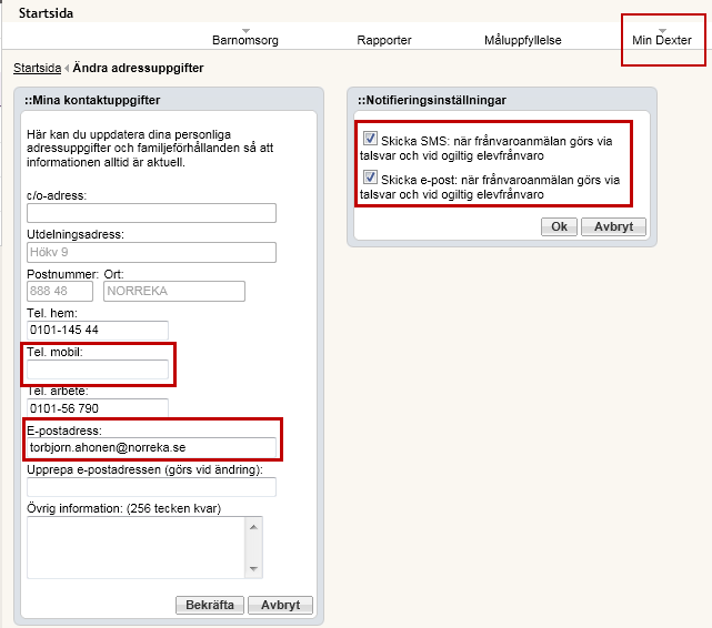 Ändra eller lägg till ditt telefonnummer/e-postadress För att meddelande till dig som vårdnadshavare ska komma fram vid ogiltig frånvaro är det viktigt att rätt mobilnummer och e-postadress är inlagt.