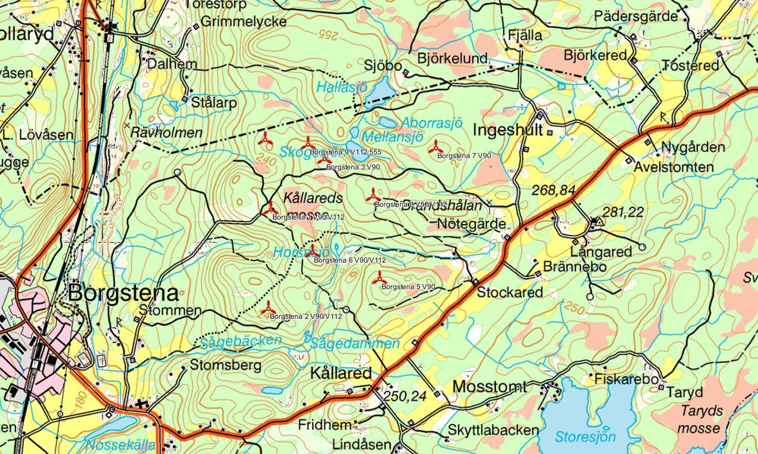 5 Fig. 1. Karta med placering av planerade vindkraftverk (röda symboler) och de automatiska detektorerna (numrerade cirklar). Sträckor som inventerats manuellt till fots är markerade med linjer.