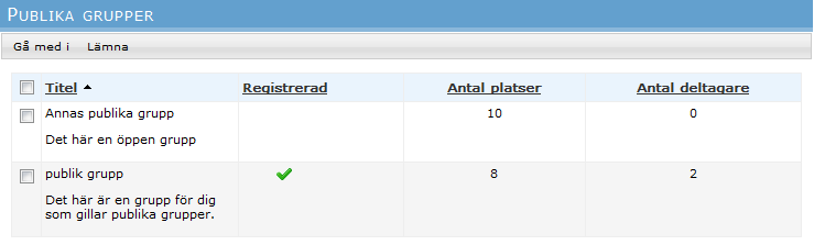 7.4. Publika grupper Här kan du välja att Gå med i eller Lämna de Publika grupper som finns i kursen.