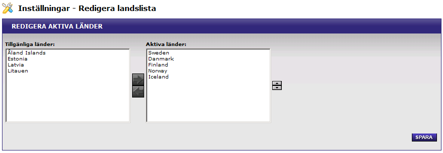 Redigera landslista Här väljer man vilka länder som skall vara valbara i kunduppgifter då en kund registrerar sig eller ändrar sina uppgifter, För att aktivera ett land, välj landet i listan