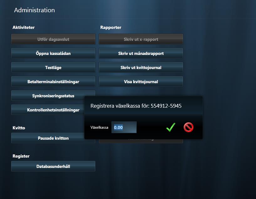 Längst ned till vänster i bilden har du även ytterligare funktionalitet. Du kan trycka Avbryt för att avbryta det aktuella kvittot.