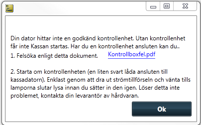 Starta Kassan För att få arbeta med Kassan måste du ha en certifierad Kontrollenhet ansluten till datorn. Det första Kassan gör när du startar den är att söka efter detta.