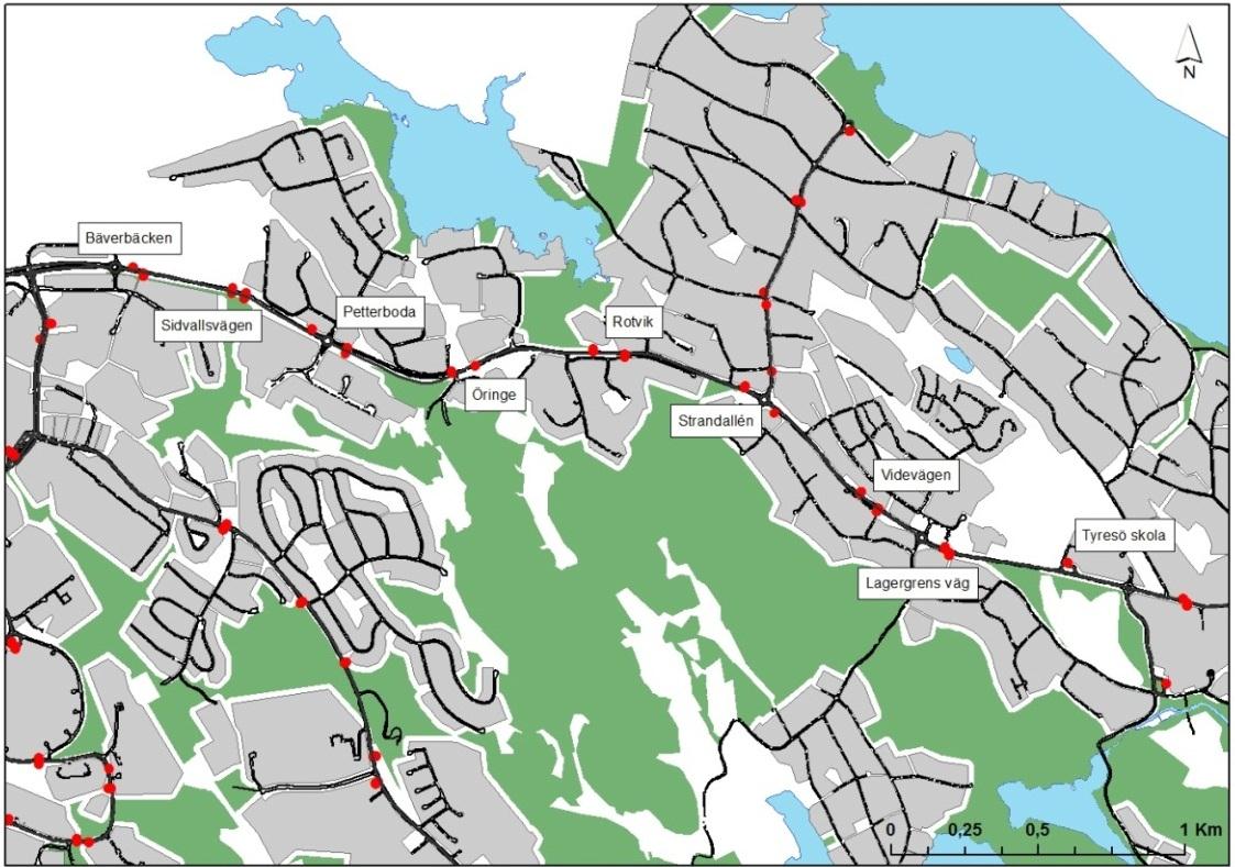 20 Hållplatser Längs den studerade sträckan finns nio busshållplatser. Det genomsnittliga hållplatsavståndet är 450 meter.