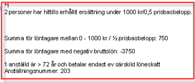 Rapporten Specifikation till arbetsgivardeklaration kan du använda för att se vilka som är födda 1937 eller tidigare samt vilka som har tjänat under 1000 kr och därmed identifiera differensen.