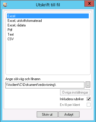 Instruktioner för att skriva till fil: 1. Gör de urval i rapporten som du önskar 2. Markera att du vill skriva rapporten till fil 3.