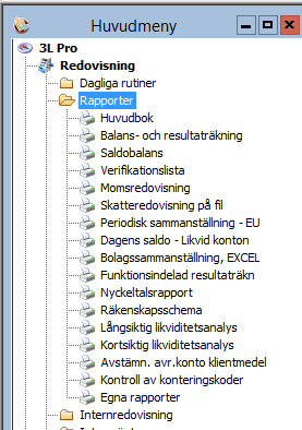 När du har loggat in i 3L visas ett fönster med rubriken huvudmeny. Menyn är gjord som en trädstruktur likt Utforskaren i Windows. En stängd gren visas i form av en stängd mapp.