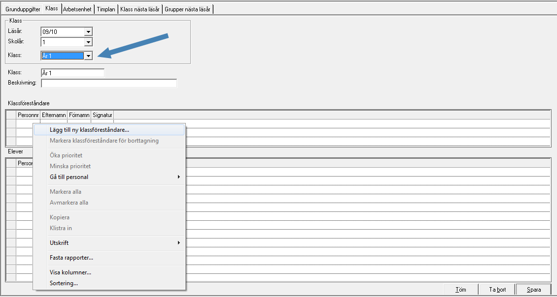 Skapa ny klass Välj huvudflik Organisation, markera din enhet i organisationsträdet och välj detaljflik Klass. Välj läsår och för vilket skolår klassen ska skapas.