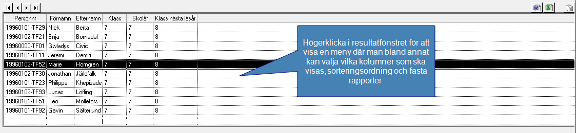 Detaljfönster I detta fönster sker den verkliga bearbetningen av informationen. Högerklicka på bakgrunden i detaljfönstret för att eventuellt få fram en meny med underliggande funktioner.