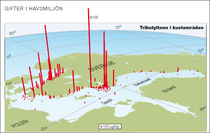 Älvstranden Utveckling AB Sida 27 av 43 914-137 TBT-halterna betydligt högre, mellan 5000 och 40 000 µg/kg TS, med en högsta uppmätt halt på 43 000 µg/kg TS.