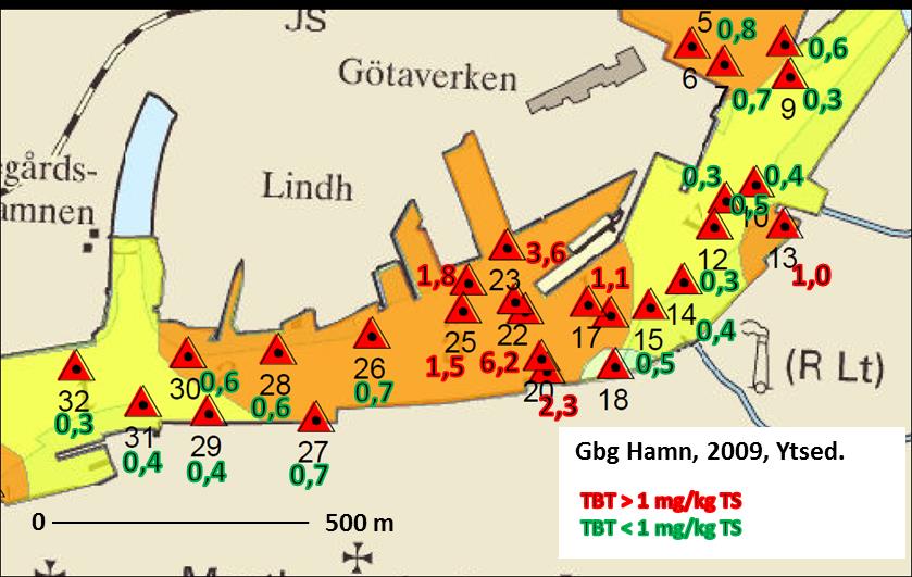 Älvstranden Utveckling AB Sida 30 av 43 914-137 Figur 16. Sammanställning av provtagningar av ytsediment (0-1 cm) från Göteborgs Hamn, 2009.