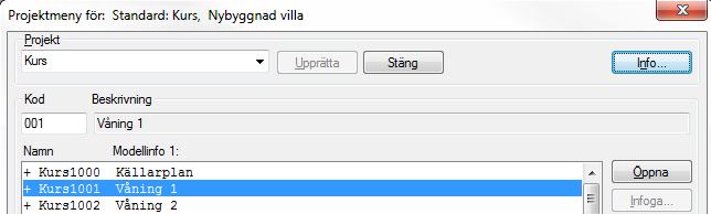 8 Kapitel 1 Komma i gång DDS-CAD Arkitekt 10 Projektinformation Det ska skrivas in information om projektet som beställare, ritningens innehåll, mm.