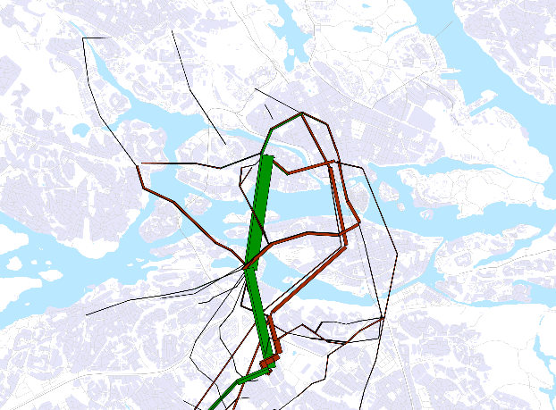 31 TUNNELBANA ÄLVSJÖ NORRUT Förändrat resande Flödesbilderna visar hur resandet förändras under morgonens maxtimme för de fyra alternativen för tunnelbana från Älvsjö till Fridhemsplan eller Solna C.