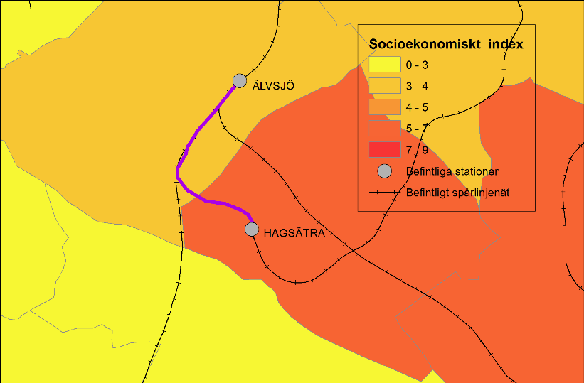 38 TUNNELBANA HAGSÄTRA ÄLVSJÖ Social nytta Kartbilden visar att en ny tunnelbanesträckning mellan Hagsätra och Älvsjö skulle koppla samman områden med olika nivå på socioekonomiskt index (andel