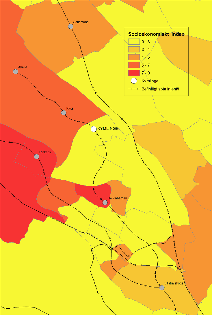 80 KYMLINGE STATION Social nytta Den föreslagna nya stationen möjliggör utveckling och bebyggelse i en omgivning där närliggande stationer ligger i områden med relativt högt socioekonomiskt index.