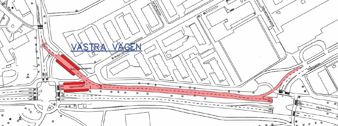 56 Figur 6-4 Principutformning Västra vägen. Korsningarna med Lasarettsgatan och Valbogatan får omfattande förändringar när vägens norra del görs om till bussgata (markerad med rött).