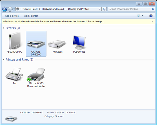3. Klicka på [View devices and printers] [Visa enheter och skrivare]. (I Windows XP och Windows Vista, klicka på [Scanners and Cameras] [Skannrar och kameror].