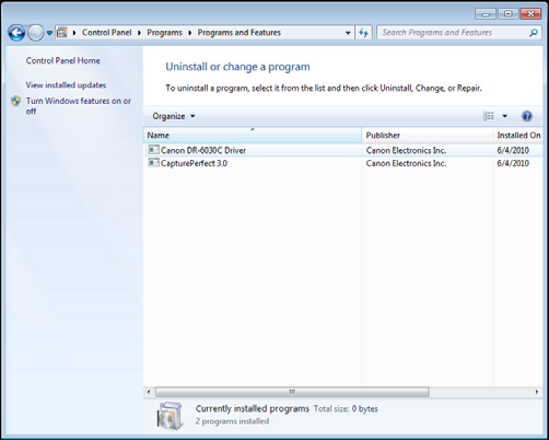 Skärmen [Uninstall or change a program] [Avinstallera eller ändra ett program] visas. OBS! I Windows XP visas dialogrutan [Add or Remove Programs] [Lägg till eller ta bort program]. 3.