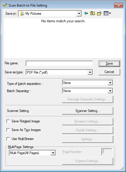 6. Välj [Scan Batch to File] [Skanna till fil] på menyn [Scan] [Skanna]. Dialogrutan [Scan Batch to File Setting] [Inställning Skanna till fil] visas.