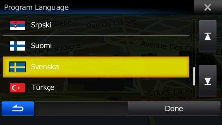 2 Komma igång När du använder navigationsprogramvaran första gången kommer en startinställningsprocess att startas automatiskt. Gör så här: 1. Välj skriftspråk för programmets gränssnitt.