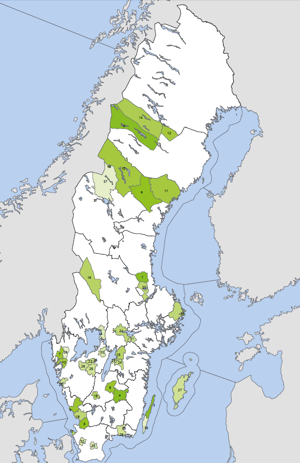 Figur 3.4.1. Karta som visar de 38 kommuner där det byggdes vindkraft under 2013.