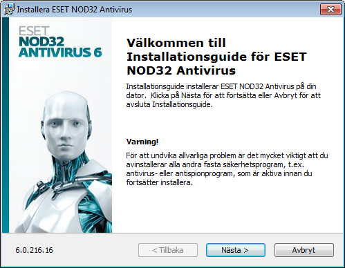 Installation ESET NOD32 Antivirus innehåller komponenter som kan komma i konflikt med andra antivirusprodukter eller säkerhetsprogram som är installerade på datorn.