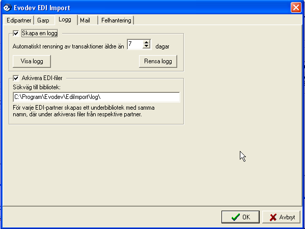 I N S T Ä L L N I N G Logg Under fliken Logg anges om loggfil skall skapas samt hur många dagar den skall sparas. Klicka på Visa logg för att se innehållet i loggfilen.