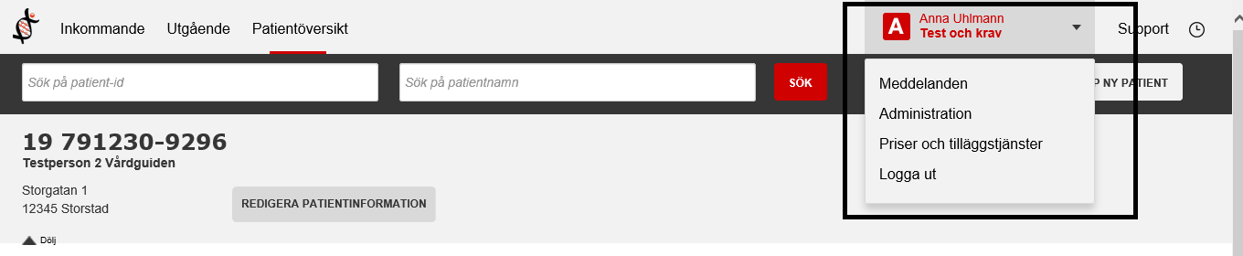 Övrig funktionalitet i LabPortalen Vid sidan om användarens namn och organisationstillhörighet uppe i högra hörnet av LabPortalen finns en drop-down lista.