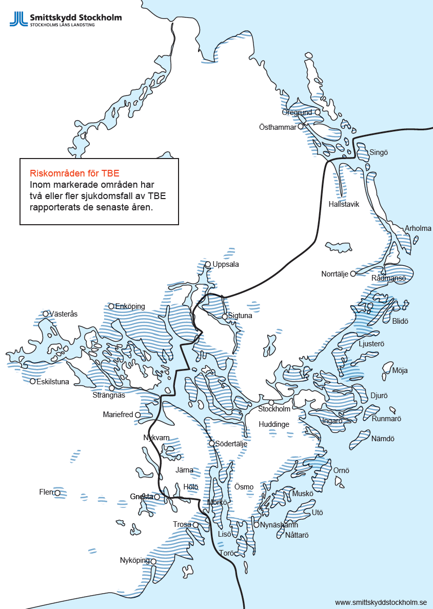 7 (7) Riskområden för TBE inom Stockholms, Södermanlands, Uppsala och Västmanlands län Kartan har tagits fram vid