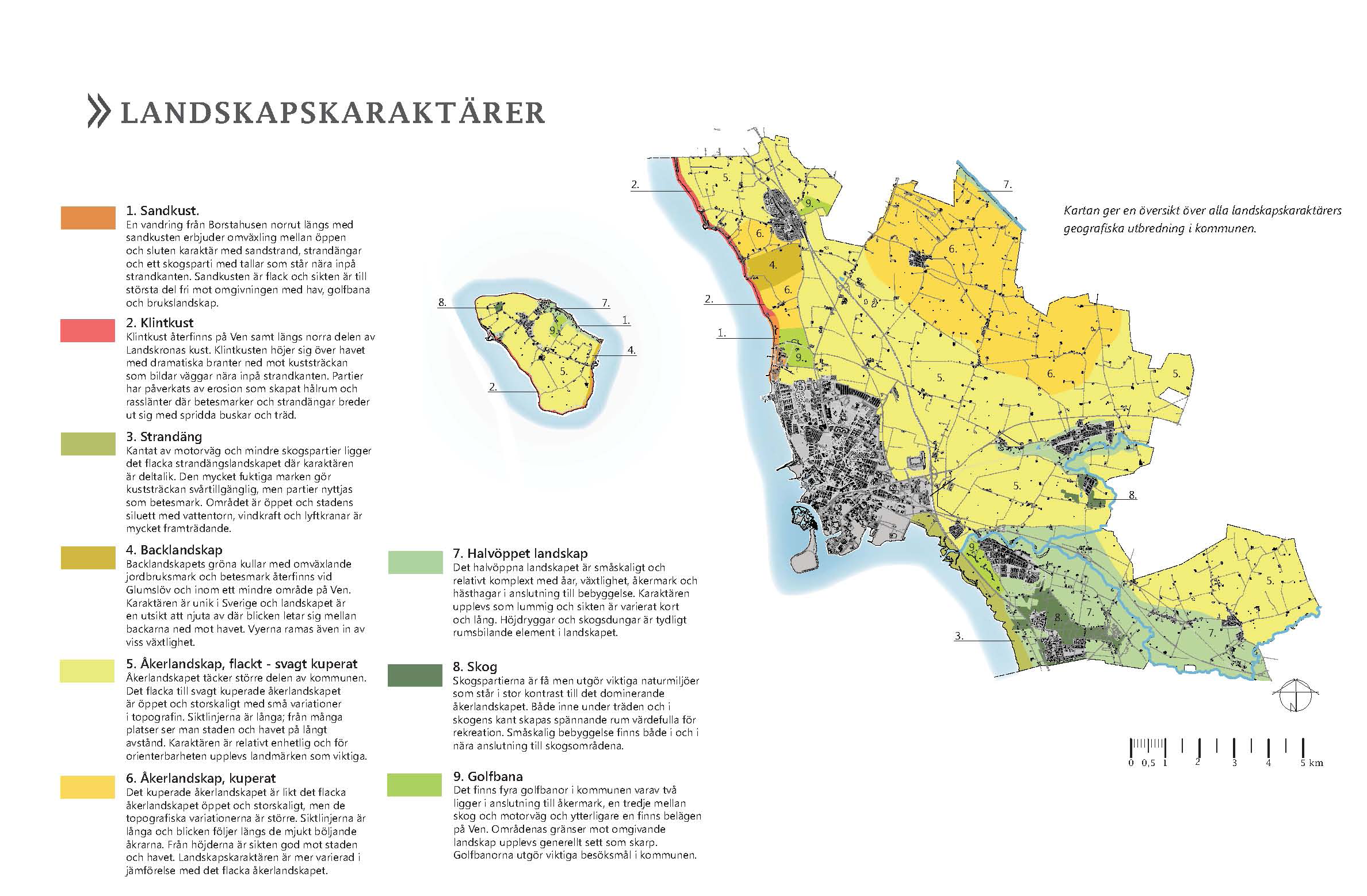 Kartan ger en översikt över alla landskapskaraktärers geografiska utbredning i kommunen. Illustration gjord av Landscape AB.