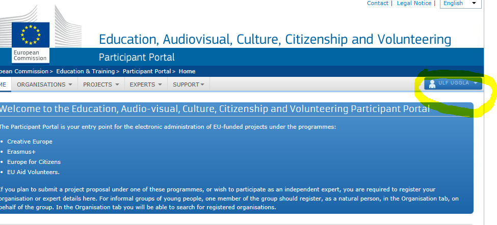Den webbadress som du ska befinna dig på under nästan hela registreringen och sedan när du ska uppdatera ert PIC-konto är: Education, Audiovisual, Culture, Citizenship and Vounteering Partcipant