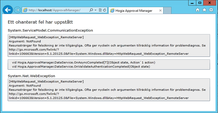 HTTP Activation är inte aktiverat Om följande fel visas är inte HTTP Activation aktiverat på webservern.