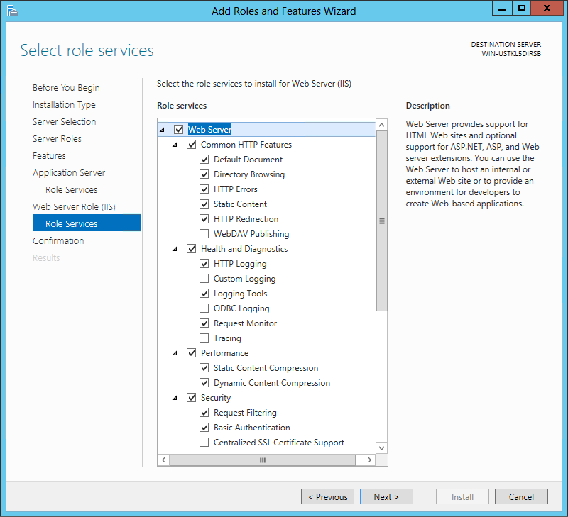 I dialogen Select Role Services för Web Server (IIS) ska följande