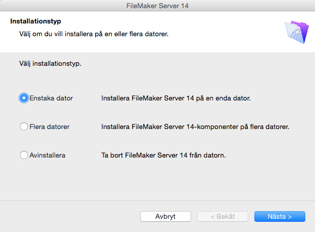 Kapitel 2 Installation snabbstart 11 Installera FileMaker Server på en enstaka dator 1. Följ instruktionerna för elektronisk nedladdning för att ladda ned och öppna diskavbildningen för installation.