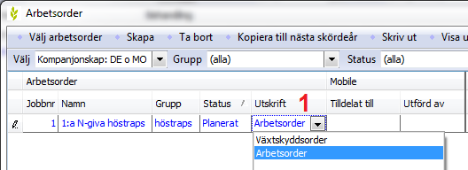 Status En arbetsorder kan ha 3 olika status (1). Utskrift 1. Planerad, blir den när du skapar ordern. Det är bara arbetsorder med status planerad som går att koppla insatser till 2.