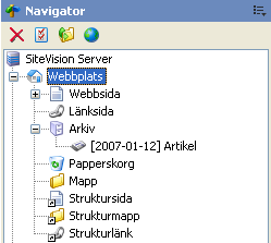 4 Navigator Navigatorn visar alla sidor som skapats på webbplatsen, både publicerade och opublicerade. Det finns flera sorters objekt i en webbplats, tex. sidor, länkar, mappar, nyheter.