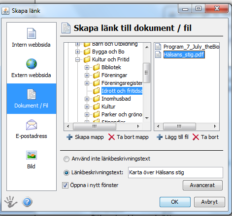Du laddar upp nya filer genom att markera din mapp och sedan välja Lägg till fil. När du ser filen i filarkivet kan du markera den och klicka OK.